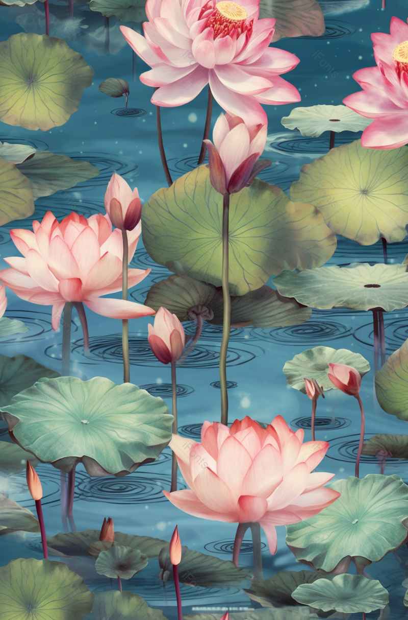 荷花绽放工笔画绿色插画背景,插画/手绘图,插画/手绘图库,插画/手绘图下载,插画/手绘